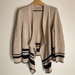 LOFT Oatmeal and Black Stripe Open Front Cardigan Linen Blend